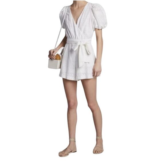 Alice and Olivia Paulina Puff Sleeve Eyelet Romper 6 - Picture 1 of 9